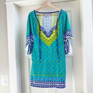 Trina Turk Coverup Swim Womens Medium Blousey Top Teal Blue White